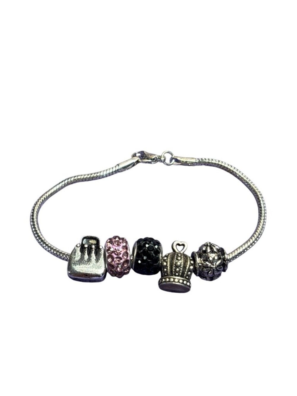 90s Serpentine Slider Charm Bracelet Floral Crown Purse Black Pink Rhinestone